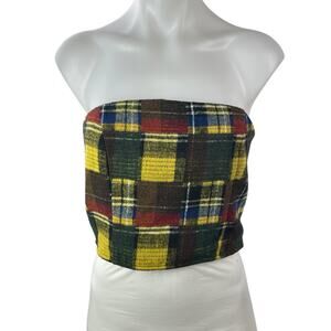 Motel Women's Multicolor Plaid Strapless Tube Bandeau Lace Up Crop Top Size M